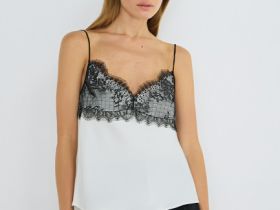 Атласный топ с кружевом, Бежевый