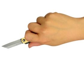 Складной нож Nagao Higonokami Warikomi, 50мм, сталь Aogami, рукоять латунь, коричневый чехол