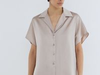 Сатиновая блузка с коротким рукавом, Бежевый