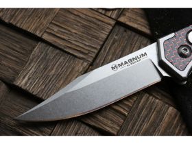 Полуавтоматический складной нож Magnum Rubico Auto - Boker 01SC054, сталь 440A Stonewash, рукоять карбон/нержавеющая сталь, чёрно-красный