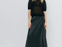 Юбка миди А-силуэта из искусственной кожи, Черный