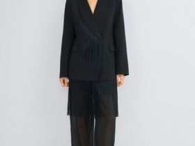 Двубортный жакет с отделкой из бахромы, Черный