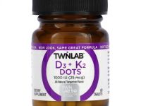Twinlab, D3 Dots + K2, полностью натуральный мандарин, 1000 МЕ (25 мкг), 60 таблеток