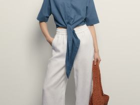 Блузка из хлопка и льна с завязками на поясе