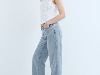 Широкие джинсы на высокой посадке в цветочный жаккард, Голубой