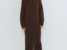 Вязаное платье с бахромой, Коричневый