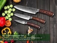 Wakoli Профессиональный набор из 3 кухонных ножей из натуральной дамасской стали с деревянными ручками из пакки в деревянной коробке Wakoli Edib