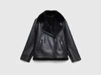 Дублёнка с воротником из искусственного меха, Черный