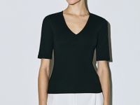 Футболка в рубчик с V-образной горловиной, Черный