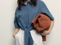 Блузка из хлопка и льна с завязками на поясе