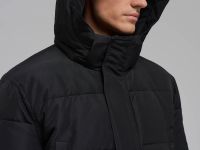 Утепленное полупальто с накладными карманами и капюшоном