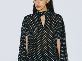 Блузка из шифона с рукавом разрезом и бантом, Черный