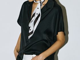 Сатиновая блузка с коротким рукавом, Черный