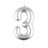 Свеча для торта с держателем MESHU "Цифра 3", 6 см, серебряная, блистер