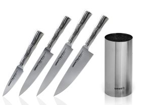 Набор из 4 ножей и подставки Samura Bamboo в подарочной коробке SBA-5, сталь AUS-8, рукоять нержавеющая сталь