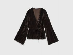 Блузка из жатого бархата с поясом, Коричневый