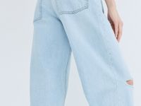 Широкие джинсы с разрезами на коленях, Голубой