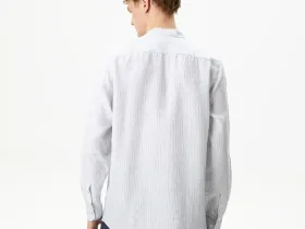 Мужская рубашка Lacoste без ворота в полоску из смеси льна