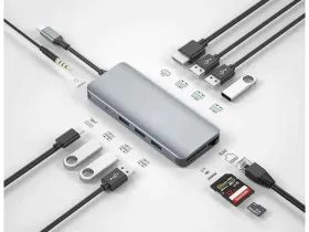 Адаптер WIWU Alpha 12 в 1 USB-C HUB на USB 3.0*3/USB 2.0*3/HDMI/SD/Micro SD/Type-C/LAN/3.5 Stereo (Gray)