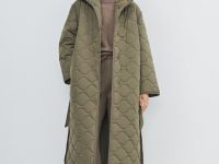 Длинное стёганое пальто с поясом, Желтый