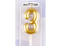 Свеча для торта с держателем MESHU "Цифра 3", 6 см, золотая, блистер