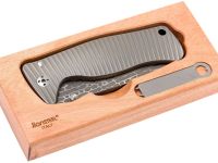 Нож складной LionSteel SR2DL G Mini, сталь клинка дамасская сталь Chad Nichols Damascus "Lizard" Pattern, рукоять титан по технологии Solid®, серый