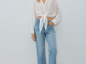 Блузка из вискозы с узлом-завязкой, Белый