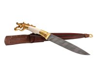 Подарочный нож Олень. Коллекция «Скифы», дамасская сталь с никелем, рукоять моржовый клык, гранат