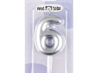 Свеча для торта с держателем MESHU "Цифра 6", 6 см, серебряная, блистер