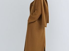 Длинное двубортное пальто с шарфом, Желтый