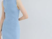 Вязаное платье в рубчик с воротником-стойкой, Голубой