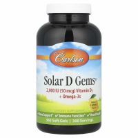 Carlson Labs, Solar D Gems, витамин D3 + омега-3 кислоты, натуральный лимонный вкус, 2000 МЕ, 360 мягких таблеток