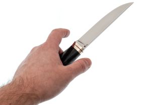 Нож Лидер 1, сталь D2, рукоять темная карельская береза синяя