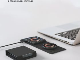 Беспроводное зарядное устройство Deppa Magsafe Crystal Travel 2 в 1 (23154) для смартфона/наушников 20W (черный)