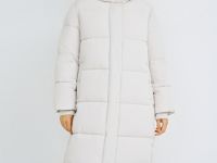 Длинный стёганый пуховик с капюшоном, Бежевый