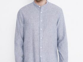 Рубашка из смесового льна с воротником мао, Синий