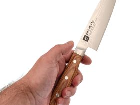 Кухонный нож Shimomura Сантоку 160 мм, сталь VG-10 в обкладах из дамаска, рукоять Pakka wood