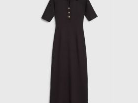 Платье в рубчик с воротником поло, Коричневый