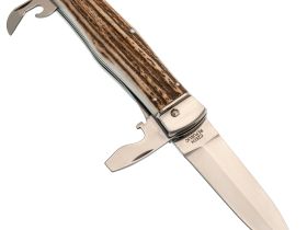 Автоматический многофункциональный нож Mikov Predator, сталь 420, рукоять рог оленя, чехол из кожи