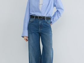 Ультраширокие джинсы с высокой посадкой, Синий