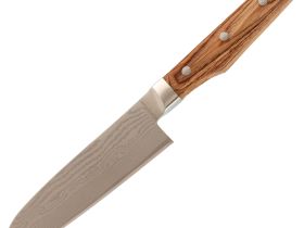 Кухонный нож Shimomura Сантоку 160 мм, сталь VG-10 в обкладах из дамаска, рукоять Pakka wood