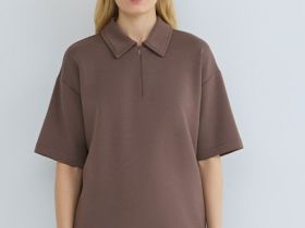 Поло с воротником на молнии, Коричневый