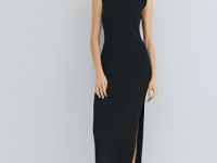 Вязаное платье в рубчик с горловиной-стойкой, Черный