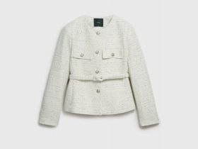 Твидовый однобортный жакет с поясом, Бежевый