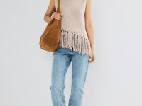 Асимметричный вязаный топ с бахромой, Бежевый