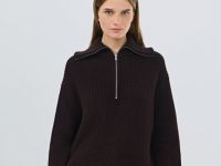 Джемпер с воротником-стойкой на молнии, Коричневый