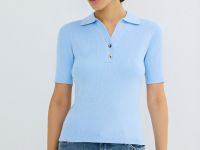 Джемпер в рубчик с воротником-поло, Голубой