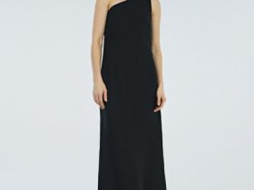 Платье миди изо льна на одно плечо, Черный