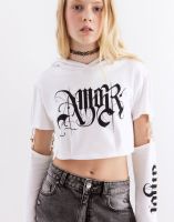 Белое укороченное худи-трансформер с принтом Глория Джинс