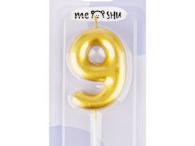 Свеча для торта с держателем MESHU "Цифра 9", 6 см, золотая, блистер